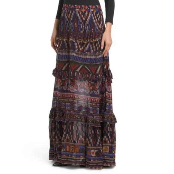 Farm Rio - Medium Ainika Tapestry Maxi Skirt Blue Red Tiered Ruffle Boho NWT - Picture 1 of 7